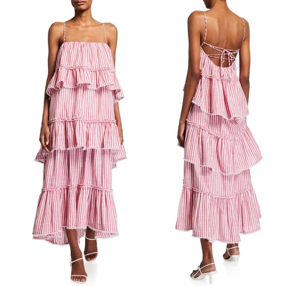 CINQ A SEPT Avva Tiered Striped Midi Dress Red White 2